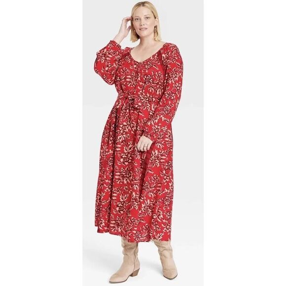 Knox Rose Boho Long Sleeve Maxi Dress Red Floral Flowy Western Versatile Size 1X - Picture 1 of 11